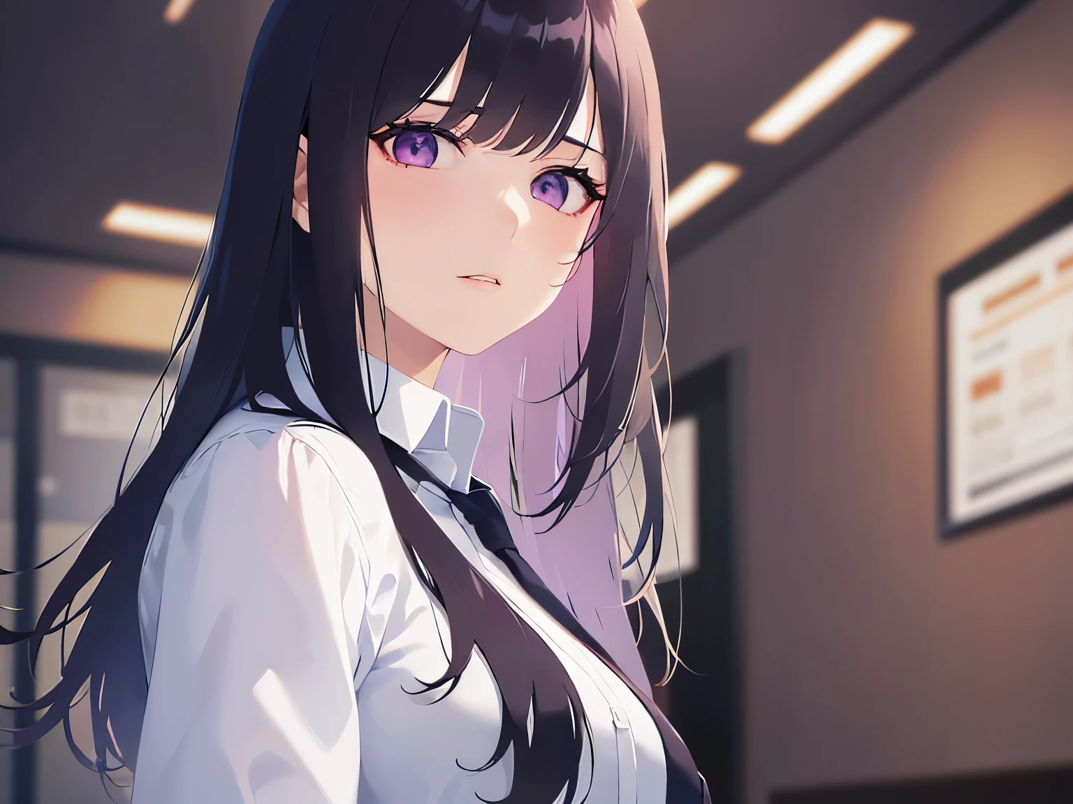 look back, Upper Body, Realistic, real person, (pale skin: 1.2), RAW photo, photorealistic, shiny skin, shiny hair、(A 25-year-old woman with straight hair and bangs) and (medium hair) and (black hair) and (purple eyes) , (business suit:1.5) and (White collared shirt) 、Expressionless, Background is an office room、Alone、Are standing