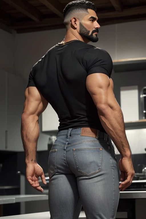 Obra maestra, mejor calidad, ultra detallado, 1 hombre, de espaldas,  macho maduro, muscular, pedazo, bara, deportista, carne de res, negro skin, piel bronceada, latino, 36 years old, negro hair, gray fur, barbas de chivo, cabello demasiado cortado, serious expression, camiseta gris, science fiction background,gold jeans de espaldas,  jeans backside backside bent over 