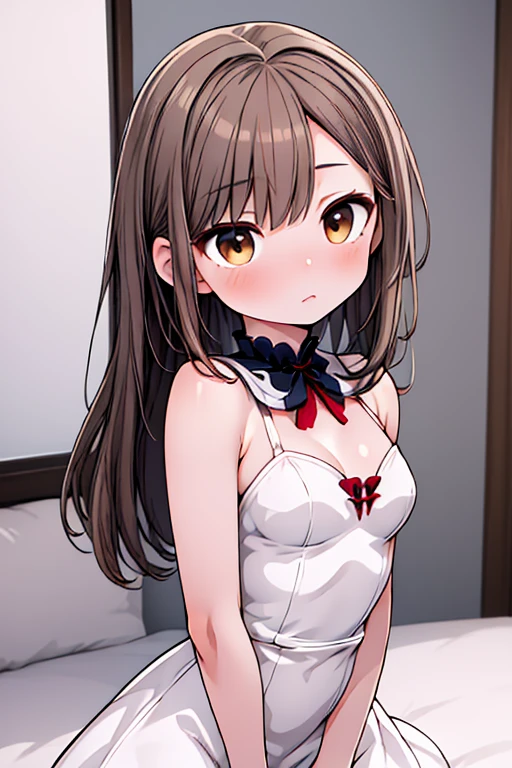 Detailed caricature, A young woman with straight brown hair, brown eyes, and porcelain-white skin, whole body, Small breasts in a white gala dress, high quality, High resolution, 8k, HDD, (Well designed body), Great body, (Very detailed), Beautiful Eyes, Super detailed, Surrealist
