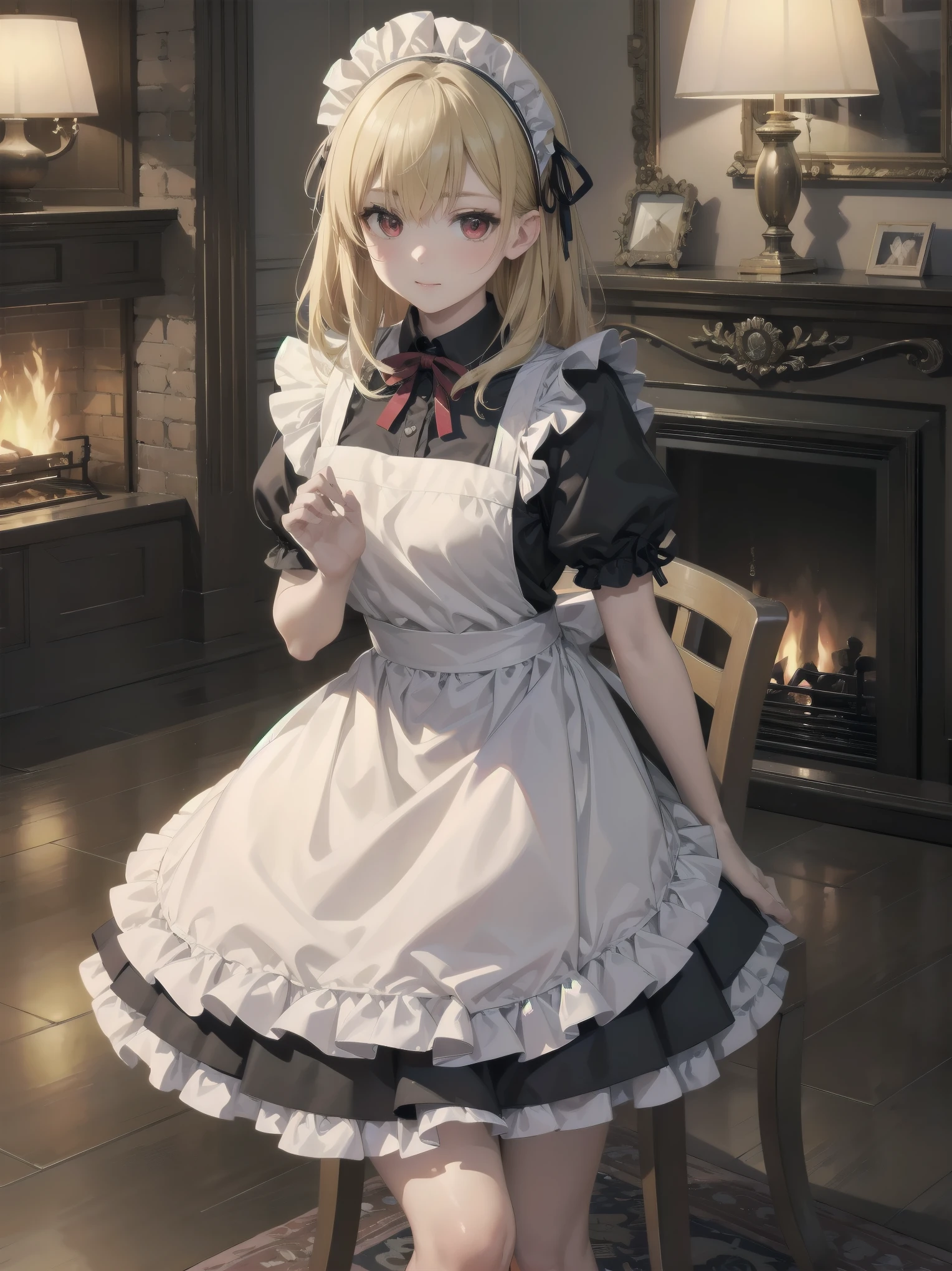(Cowboy Shot:1.3),Blonde,Perfect Eyesm,Red eyes,solo、 Maid, Maid headdress, Maid apron, Blue ribbon,masterpiece,Noise Reduction,Perfect Anatomy,High resolution, Very detailed,Game CG,Dutch Angle ,Beautiful fine details,Visual Arts,Five Fingers, Perfect hands, 完璧なillumination,Luxury House、table、illumination、fireplace、Chair、High-end furniture、sit、Turning from sideways、Beautiful feet