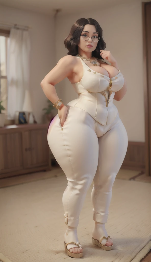 ((best quality)), ((masterpiece)), (detailed), perfect face, thicc woman, beautiful face , thicc girl , widest hips , thicc , thicc body , thicc thighs , slim arms, huge large breasts, her body is thicc, full body view, dark-black room, black bokeh background, thight dress, wearing sandles, short hairstyle, diamond necklace, wearing a watch, tall woman, restore face, white skin , longest thight pants , glasses , cold vibes, , 4k resolution, japanese goddess