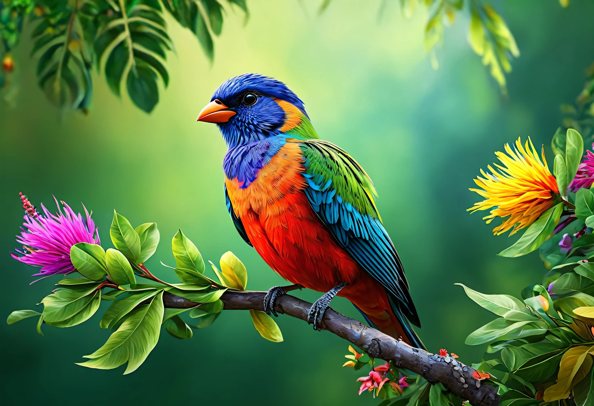 (best quality,4k,8k,highres,masterpiece:1.2), ultra-detailed, (realistic,photorealistic,photo-realistic:1.37), vibrant bird with colorful feathers perched on a branch with leaves and flowers, inspired by Charles Bird King's realistic painting, trending on Pixabay, fantasy art, colorful HD image, colorful 8k, colorful bird, long and colorful bird, beautiful and colorful, high-quality wallpaper, beautifully colorful, 4k high-quality wallpaper, very detailed, colorful 4k, beautiful and vibrant colors