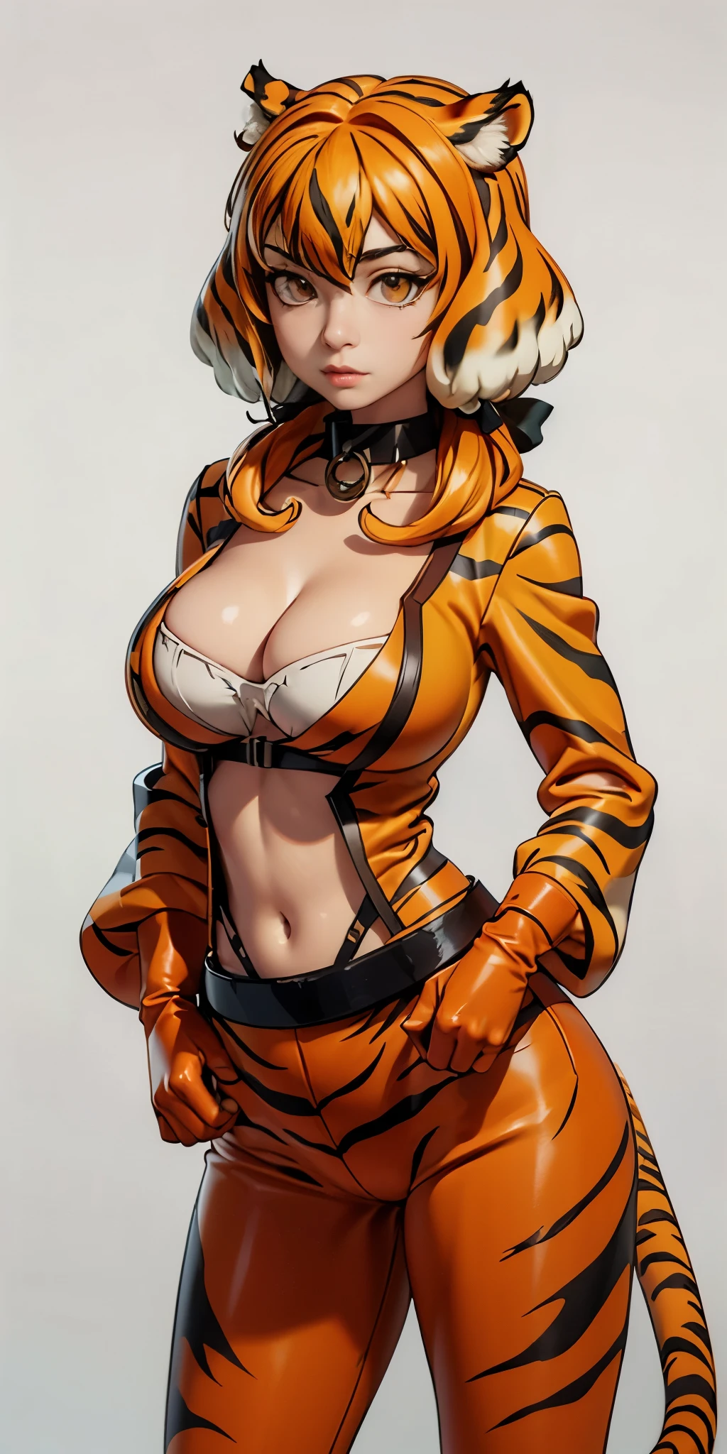 (Masterpiece, plain background) 1solo Roxanne tiger print mask, animal tiger outfit, leather collar choker neck bell, cleavage, large breasts, looking at viewer, navel, neck bell 🔔 (paw gloves like hands= paws on hands, paws on hips, tiger tail, tiger fluffy ears)