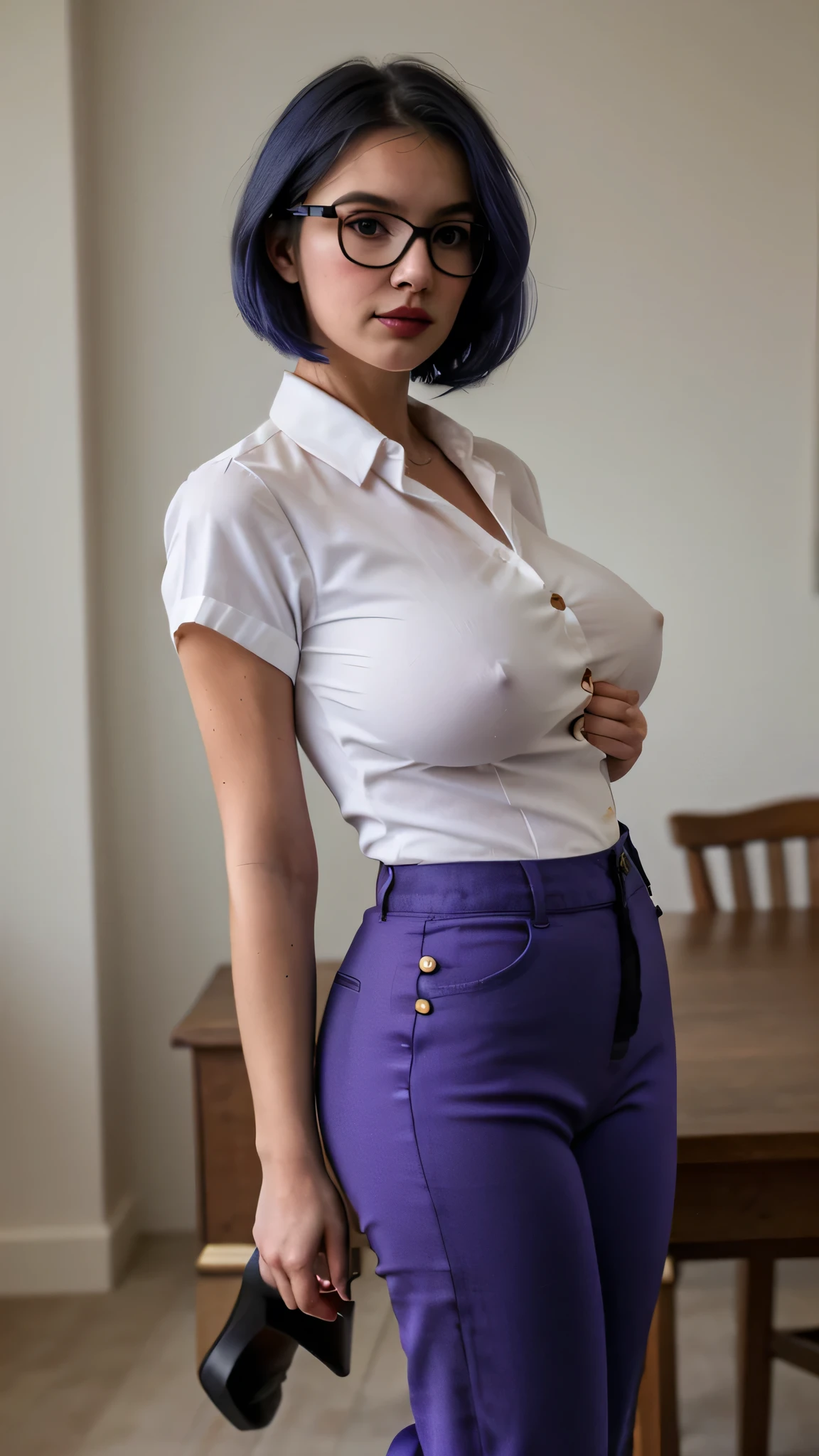 A cute milf girl with a big breast, dark blue hair, a short cut, her brown eye, glasses, wears a short-sleeved button-down blouse, shows her navel, and big purple pants, black heels.