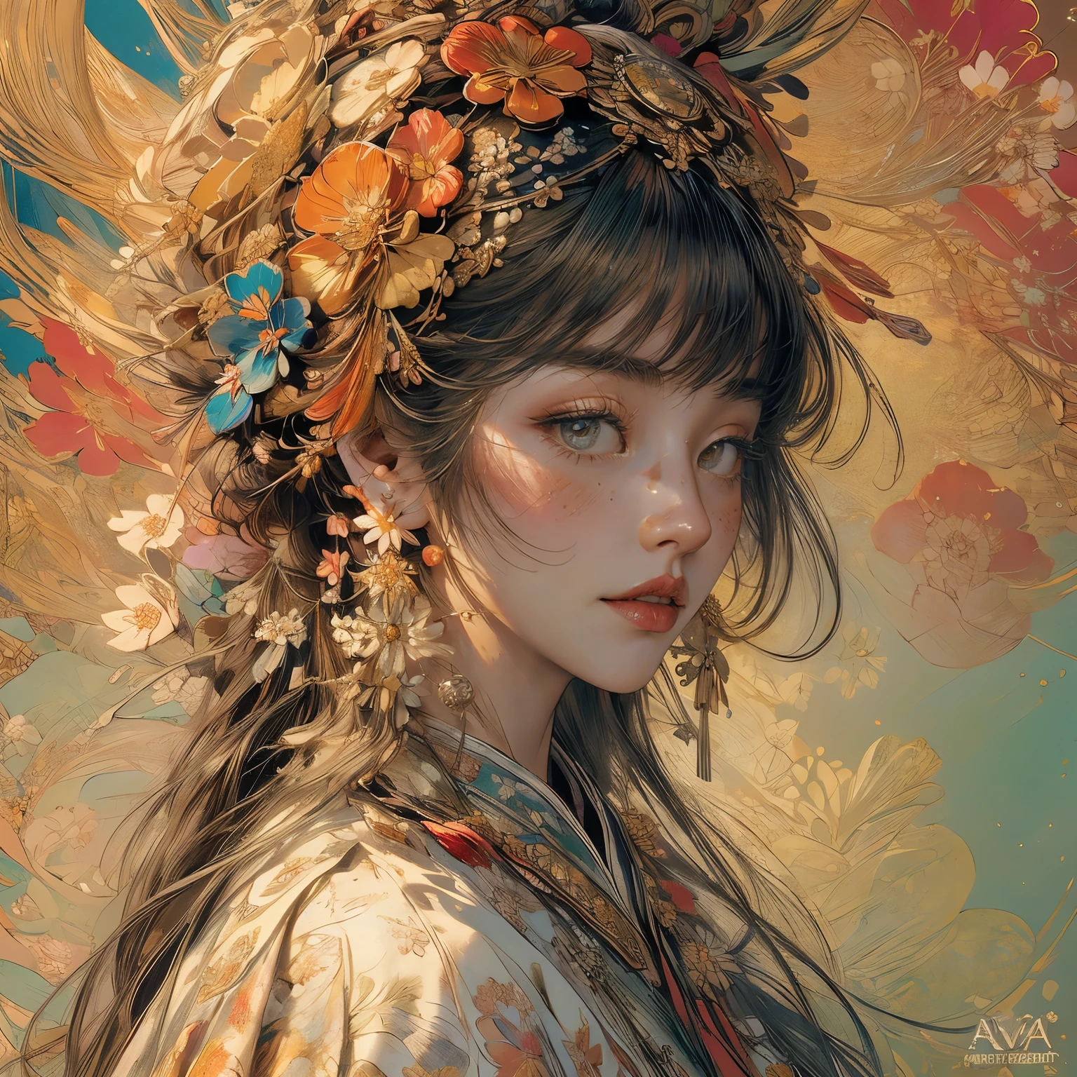 (masterpiece、highest quality、highest quality、Official Art、Beautiful, beautiful:1.5)、Picturesque、sketch、texture、超A high resolution、alone、Beautiful woman、Very detailed、(Fractal Art:1.1)、(colorful:1.1)(Floral:1.6)、Most detailed、(Tangled:1.2)、(Dynamic pose)、(Abstract background:1.3)、(Shiny skin)、(Many colors:0.8)、(Earrings:1.4)、(feather:0.9)、Taisho romance
