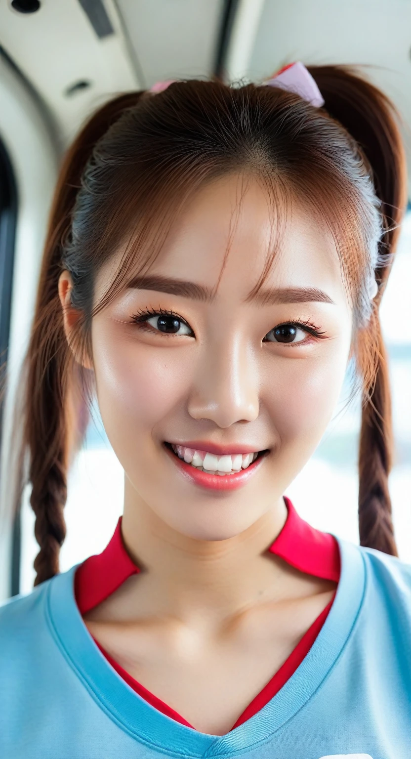 realistic photos of cute korean star, uneven ponytail, subtle makeup, average breast size, smile slightly, Colored T-shirt, in the bus, Crisp facial features with crisp and realistic details, Sony FE, 35 mm, cinematic lighting, High detail, UHD, high quality, HD, 8K, 16 thousand.