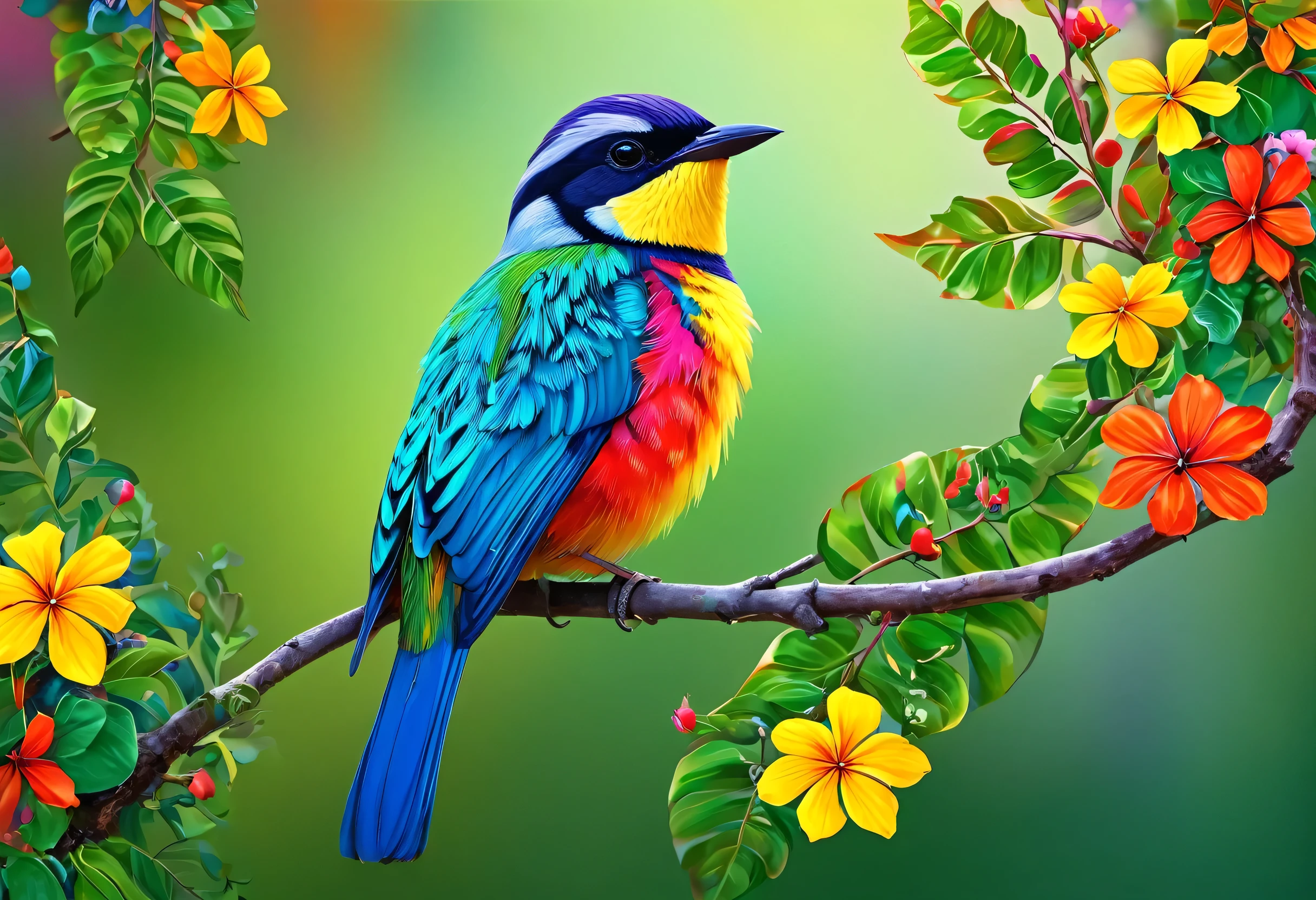 (a colorful bird perched on a branch with leaves and flowers, colorful HD image, colorful 8k, vibrant bird, long colorful bird, beautiful and colorful, high-quality wallpaper, beautiful and vibrant, very detailed 4k, colorful and vibrant colors, colorful painting, vivid and realistic colors, beautiful colors, surreal bird, beautiful nature)