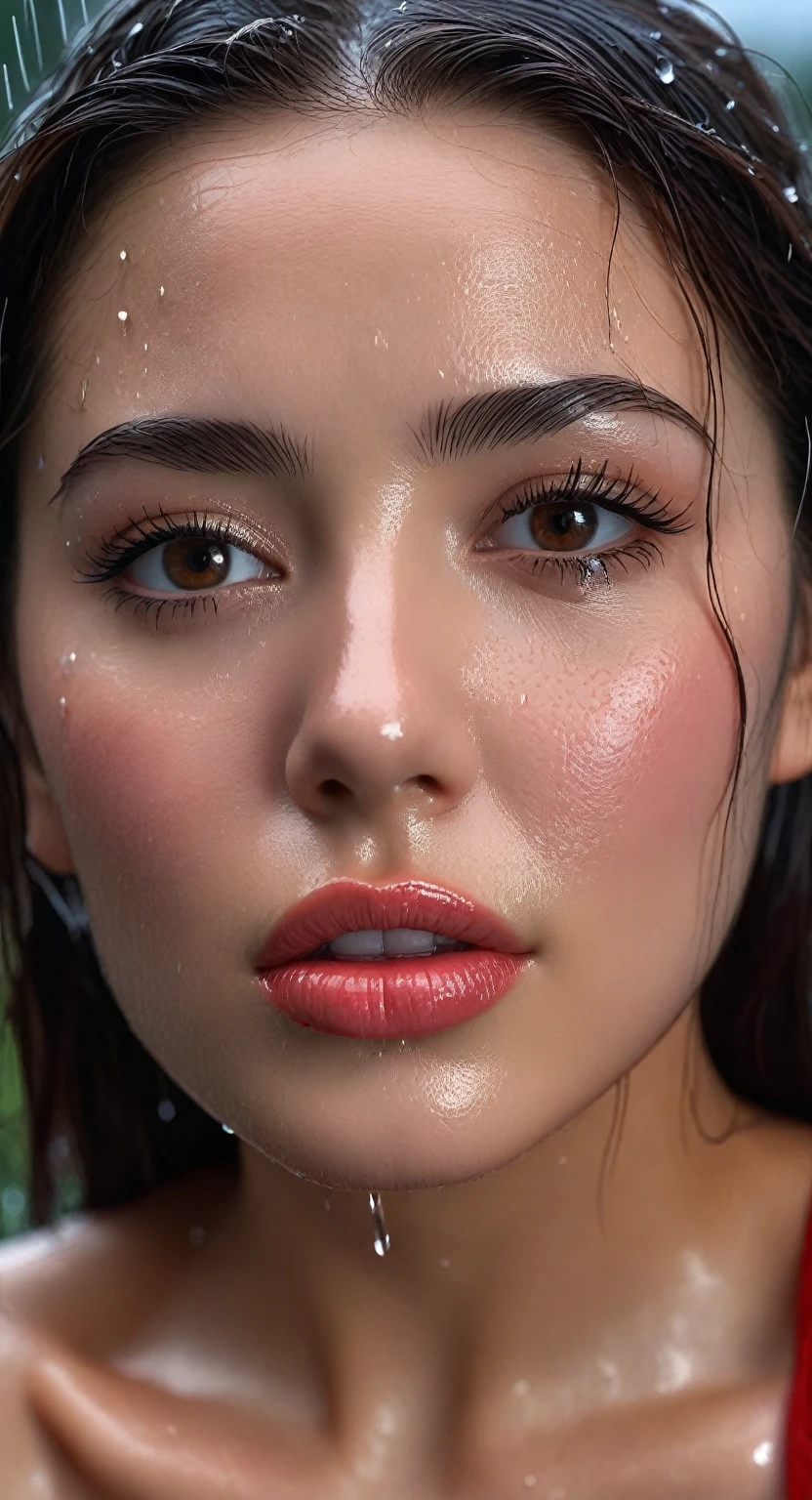 (Best quality, 4k, masterpiece :1.3), Pretty Woman, 1 girl, (breast, attractive body :1.2), Press :1.1, dark brown hair: 1.1, (rainy, wet, wet от дождя, wet body :1.2), ultra detailed face, detailed lips, detailed eyes, Double eyelid