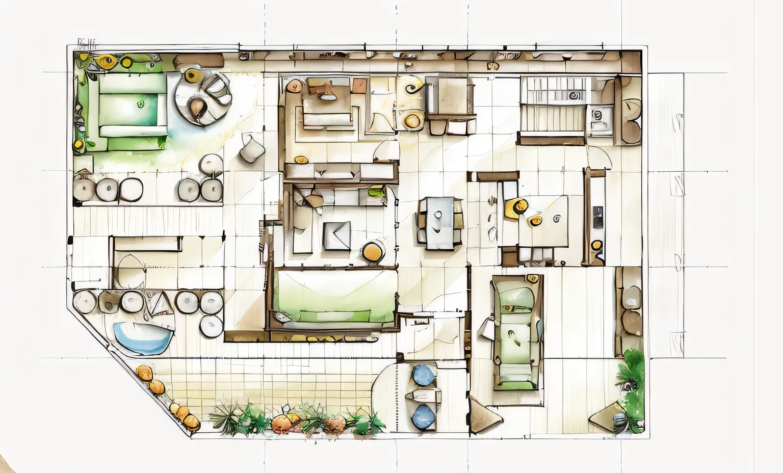 ((best quality)),((masterpiece)),  (((Floor plan))), chair , wall ,rug , lamp, flower, vase , chair ,ceiling , plant, window ,curtain ,television ,couch, , white background,   ((water color)),
high contrast,enough detail, high resolution, super realistic, Photorealistic, highly detailed, high quality,