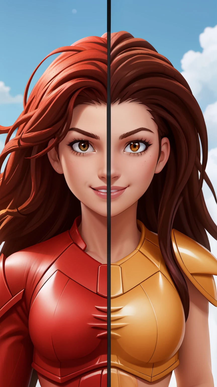 SplitScreen, split screen, Sarah_Kerrigan, 1girl, solo, smirk, realistic, headgear, breastplate, armor, navel, ((beautiful, masterpiece, best quality,perfect lighting,))