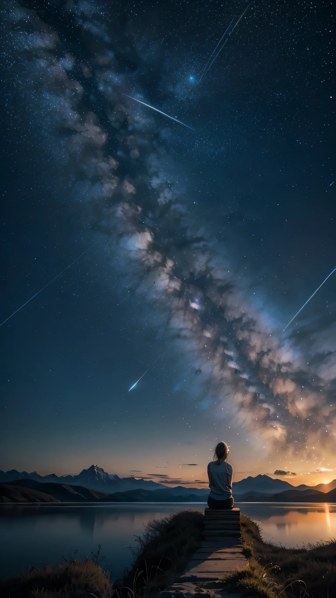 Expansive Sky: Showcase the vastness of the night sky, allowing the stars and shooting stars to occupy a significant portion of the composition., Dynamic Shooting Stars: Capture the movement and energy of the shooting stars as they streak across the sky, creating a sense of motion and wonder., Serene Landscape: Consider adding a tranquil landscape, such as distant mountains or a calm body of water, to enhance the sense of peace and serenity.