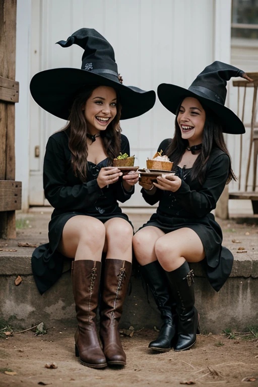 Witches dressed in boots laughing and eating children