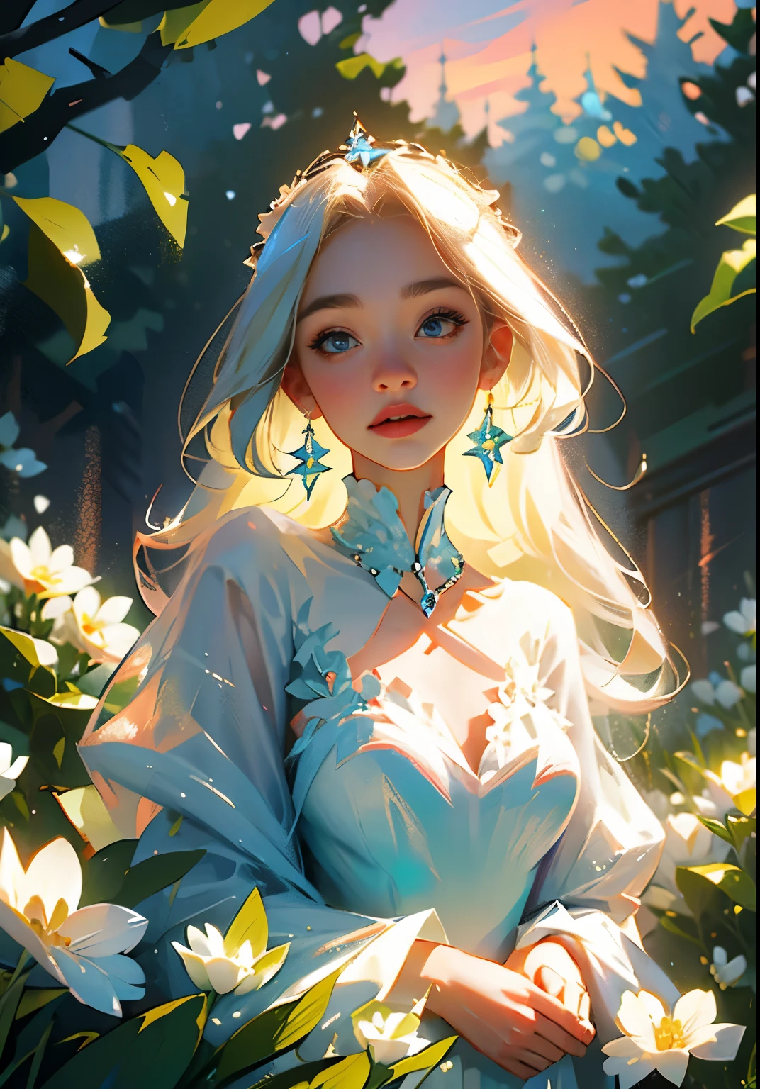 (best quality, masterpiece), 1girl, pose, particle, wind, flower, upper body, sky background, looking at the viewer, focus on the face, blonde, superior beauty, beautiful woman, celestial beauty, sunny weather, colorful flowers, spectacular scenery. --auto