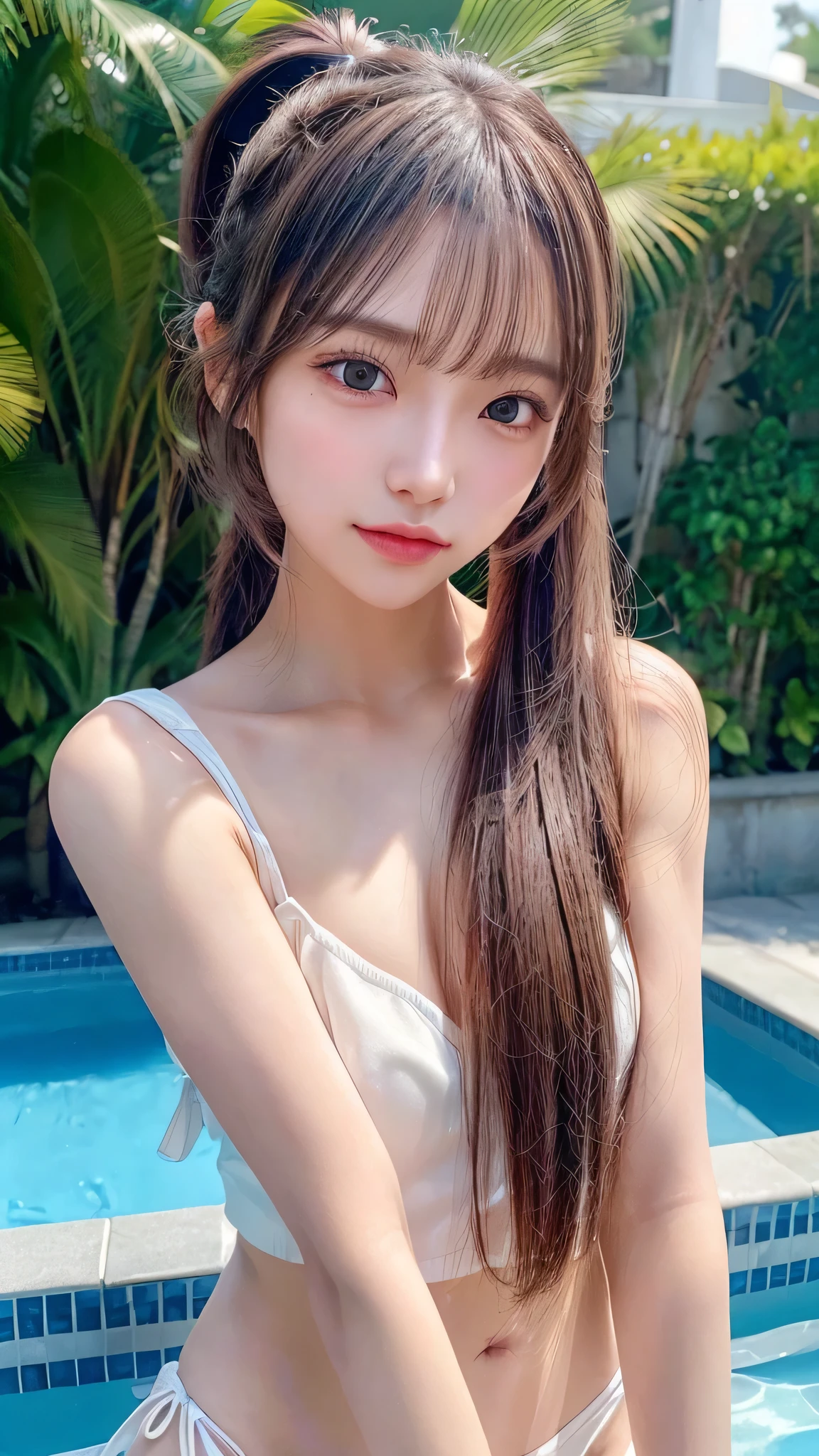 Outdoor,midnight,Very large pool,It's dark outside,Lit up with neon lights,bikini,Blushing,Facing forward,Small breasts,,Long hair ponytail,((8K, Raw photo, Best Quality, Mastepiece:1.2), (Realism, Photorealistic:1.4), (Highly detailed 8K wallpapers), Depth of written boundary, Cinematic Lighting, Soft Light, Detailed Beauty Eye,Shiny and smooth light brown ponytail, Asymmetrical bangs, Shiny skin, Ultra-detailed skins ,It is high resolution., High detail, Detailed hairstyle, Detailed facial beauty, Hyper-realistic, Perfect limbs, Perfect Anatomy ,1 Japanese girl,Famous Japanese Idols, Perfect female body,A shy smile,Short eyelashes,Double-edged eyelids,Look straight here,Hair style: ponytail,