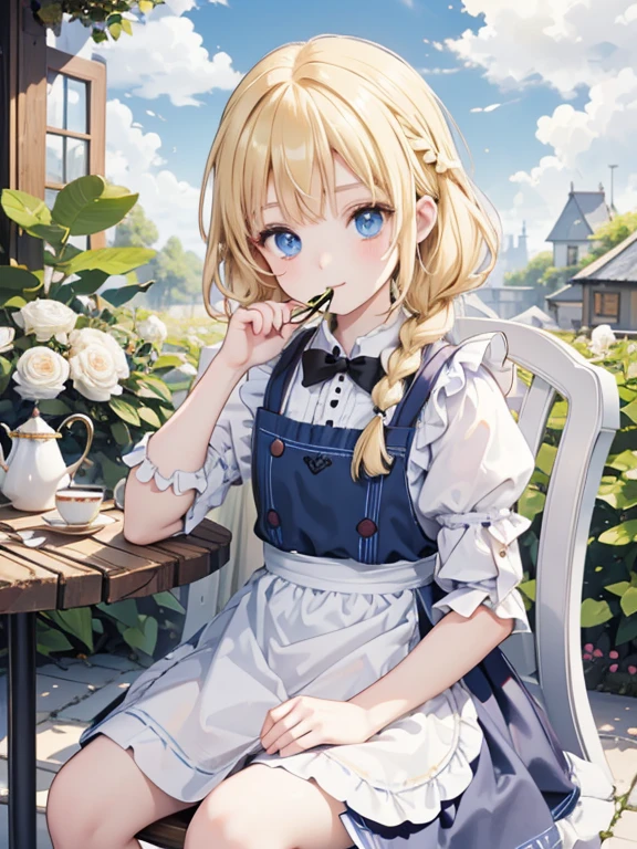 (8k, highest quality, Tabletop:1.2)、Ultra-high resolution、Alice in Wonderland, One ****************, Detailed face、blue eyes, Blonde, Braid, Black maid outfit, White apron, blue sky, garden, table cloth, Tea party, Sit on a chair, Bring the teacup to your mouth