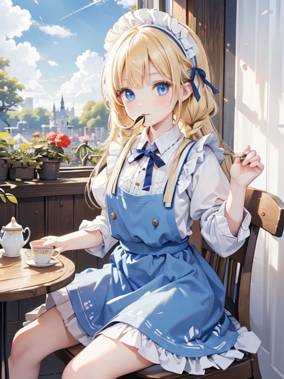 (8k, highest quality, Tabletop:1.2)、Ultra-high resolution、Alice in Wonderland, One ****************, Detailed face、blue eyes, Blonde, Braid, Black maid outfit, White apron, blue sky, garden, table cloth, Tea party, Sit on a chair, Bring the teacup to your mouth