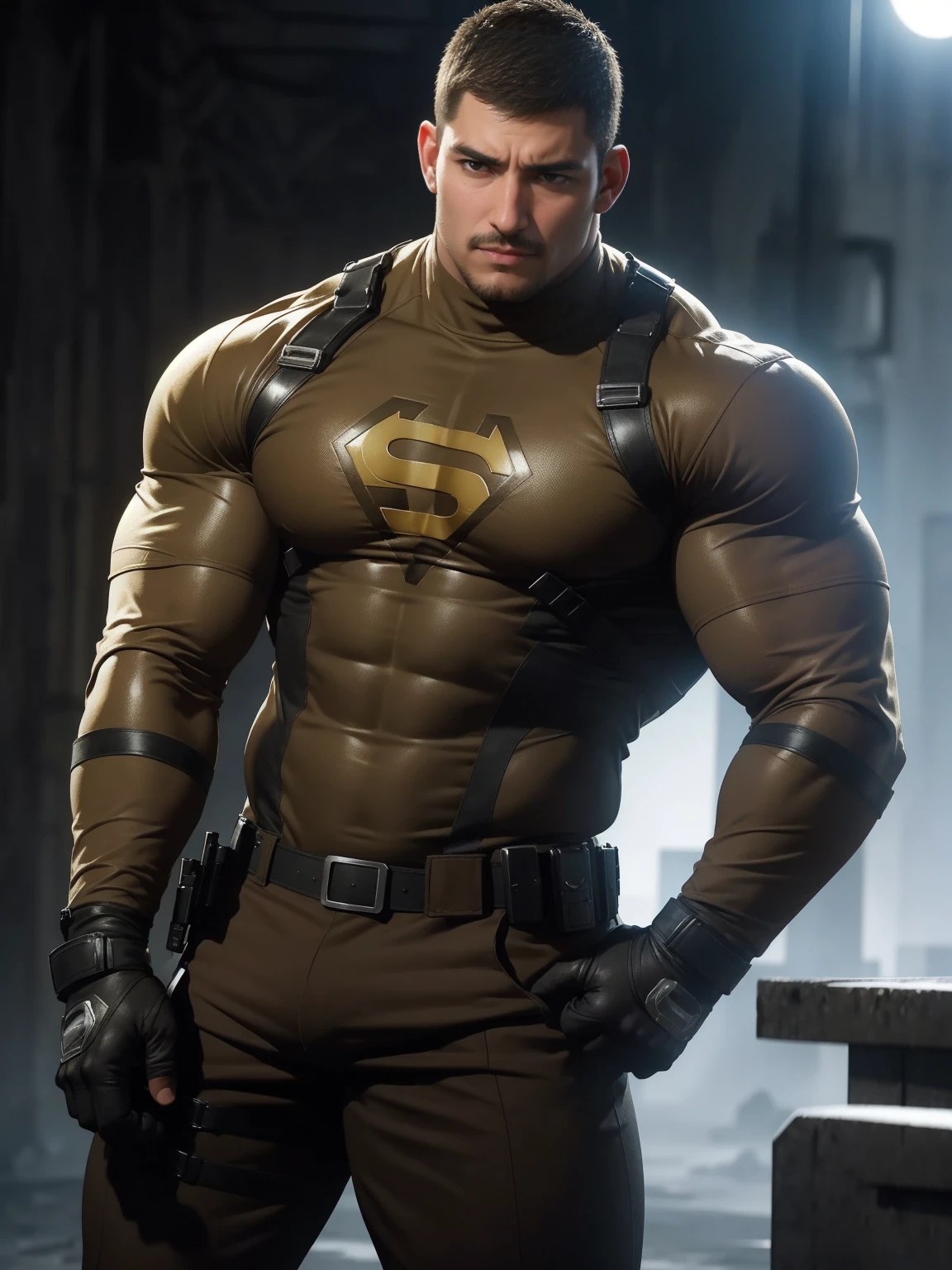 One Tall giant muscular police officer, On the outdoor street, Wear a brown superhero bodysuit with long sleeves, The expression is arrogant, Lift your chin, Messy hair, Thick thighs, Brown Superhero Bodysuit with Turtleneck and Long Sleeves, very tight, Regular symmetrical pattern, Highlight muscles, Police uniform pants, character concept(Resident Evil - Chris Redfield, Chris Redfield)A proud expression, Deep and charming eyes, Heroic male pose, tall Burly, muscular!muscular thighs, tough guy, perfect facial features, High, Burly, Heqiang, Super polished and cool, High Resolution Committee, Charismatic, The sun is blazing, dazzling
