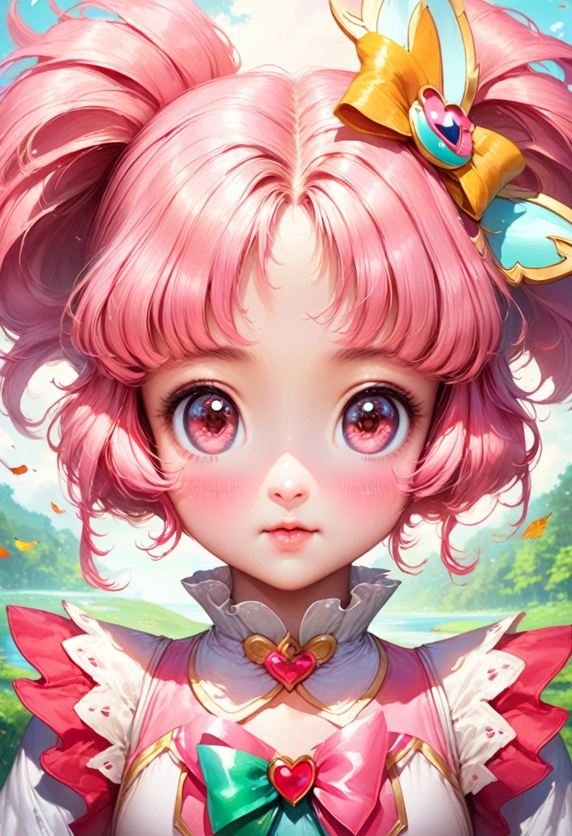 Anime girl with pink hair and a bow in her hair, Kawaii realistic portrait, Gouvez, portrait of a magical girl, cute character, cute art style, anime Mo artstyle, Drawing of the character from “The Maple Story”, cute portrait, cute anime girl portrait, portrait of a small character, artwork in the style of Gouvez, Splash art anime