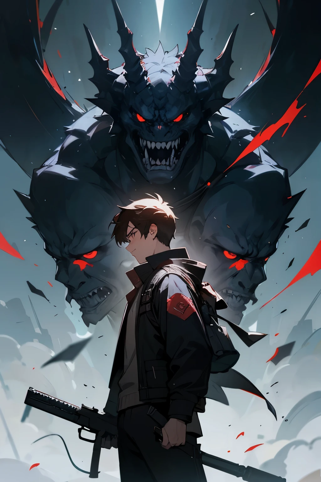 hero,,Weapon Master,A large number of weapons behind the protagonist,Magnificent,fighting,Yearning,hero,male,Back,Second Dimension,Highest quality,Go into the distance,Fantasy,The protagonist faces a terrifying dragon,主角全力fighting,,Extremely scary and bloody monster,masterpiece,detailed,epic,Huge number of monsters,City,A human being,The protagonist uses a gun to aim at the monster,No text description,The screen highlights the male protagonist,There is a weapon behind the protagonist