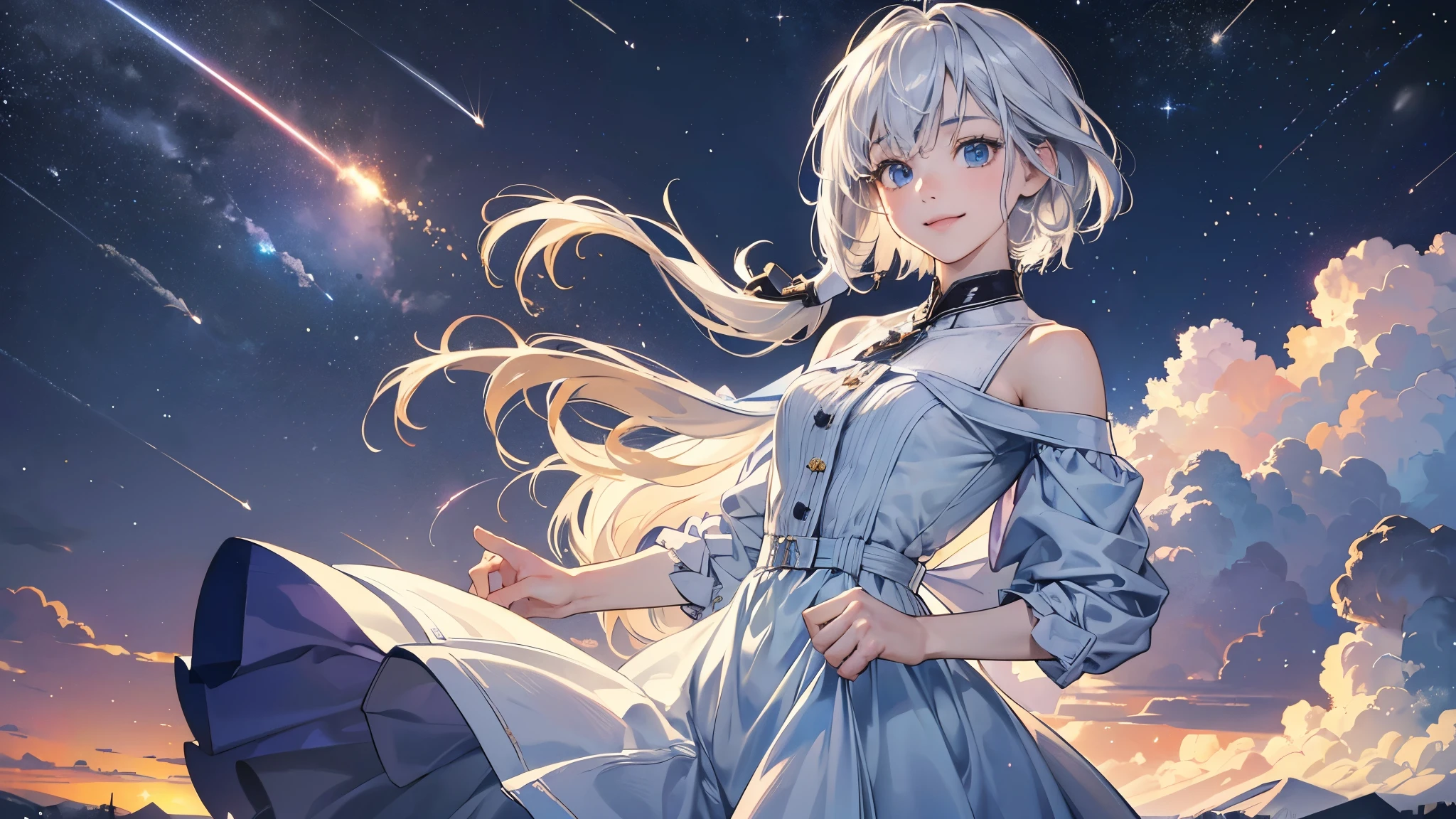 (perfect anatomy:1.2)(absurdres, highres, ultra detailed),masterpiece,best quality,high resolution,8k,Realistic face,Realistic skin texture,magnified textures, stunning clarity,detailed anime 1 girl,(ultra detailed eyes and face), girl,silver hair,short cut,(happy:1.7),fair skin,jazzy dress,Shoulder Bare,,(Snowfield),(midnight),(blizzard),(Meteor shower:1.3),cowboy shot,(look down viewer:1.5),standing,innocent smile:1.3