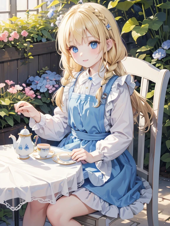 (8k, highest quality, Tabletop:1.2)、Ultra-high resolution、Alice in Wonderland, One ****************, Detailed face、blue eyes, Blonde, Braid, Blue Dress, White apron, blue sky, garden, table cloth, Tea party, Sit on a chair, hold a teacup with both hands