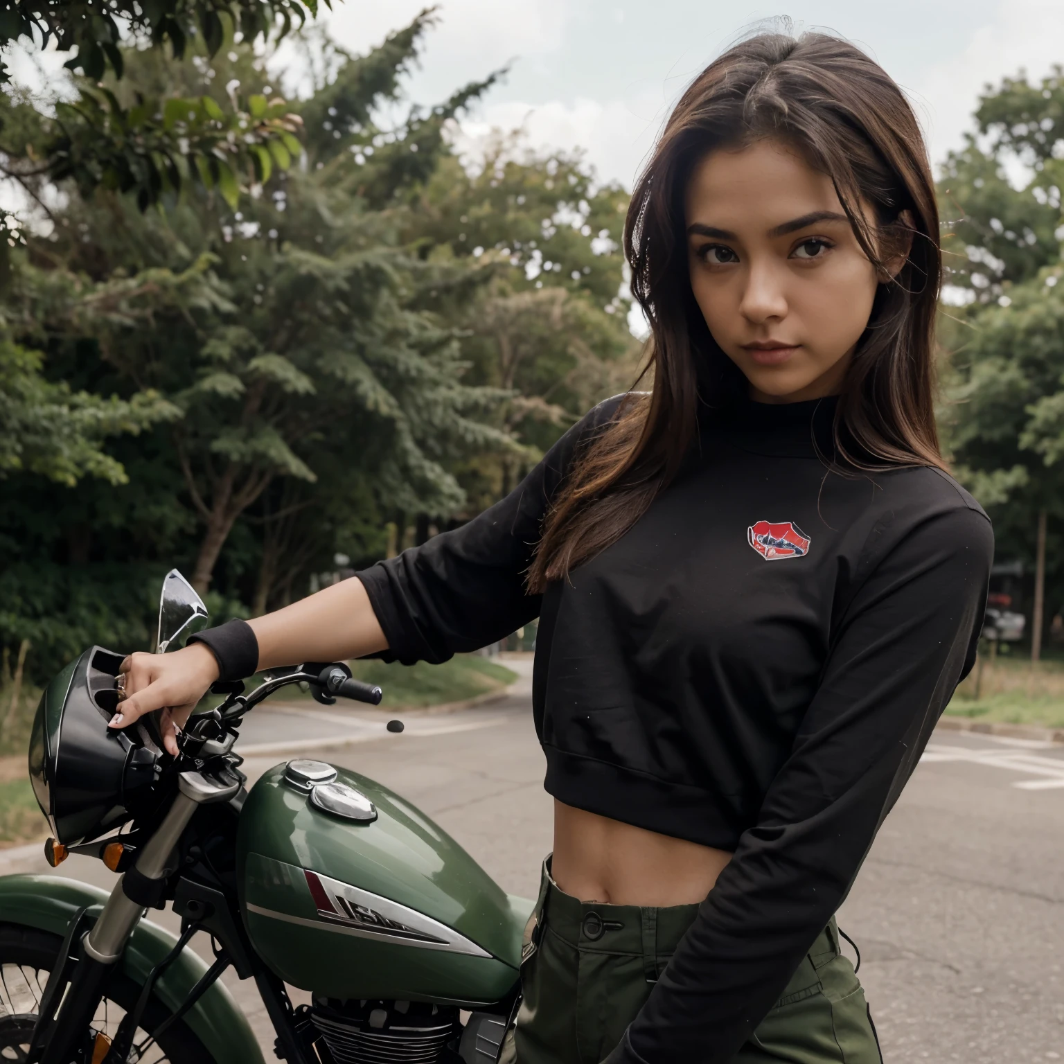 Chica de pelo chino largo de color rojo y negro, altura de 1.70cm, cuerpo tonificado, de piel clara, vestida con unos pantalones cargo verde militar con una playera negra estilo motociclista corto, con botines negros. Lentes, con pechos algo grandes, que se le vea el abdomen ligeramente marcado. Light brown eyes with a touch of olive green, labios un poco delgados con el arco de cupido bien marcado rojos, nariz un poco ancha de la punta, cejas delgadas pero formadas,estilo Boku no hiro academy. Vista de cuerpo completo, y de fondo en una carrera de motos.