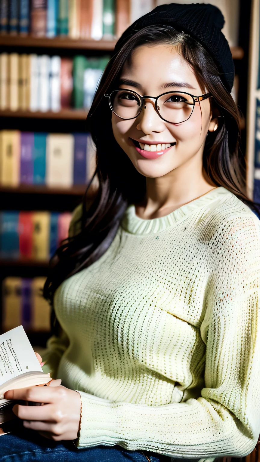 ((highest quality, 8k, 32k, masterpiece, Ultra-high resolution:1.2)),Beautiful Japanese Women Photos, Very small breasts, Knitted hat,Glasses,Loose-fitting clothing, View your viewers,((library,Reading a book,A smile that conveys intelligence,)),mole,Dimples,
