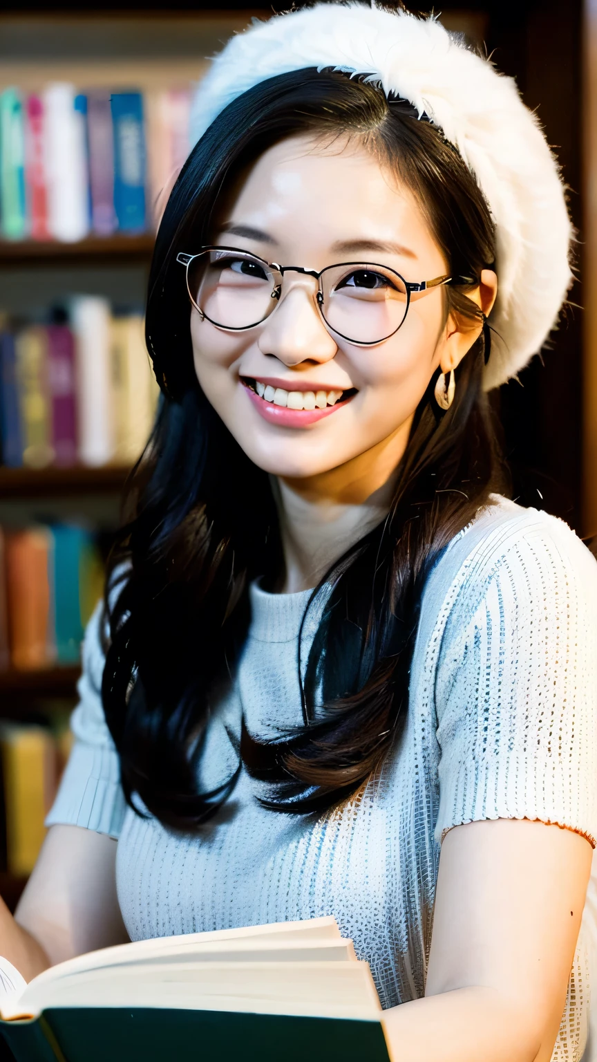((highest quality, 8k, 32k, masterpiece, Ultra-high resolution:1.2)),Beautiful Japanese Women Photos, Very small breasts, Knitted hat,Glasses,Loose-fitting clothing, View your viewers,((library,Reading a book,A smile that conveys intelligence,)),mole,Dimples,