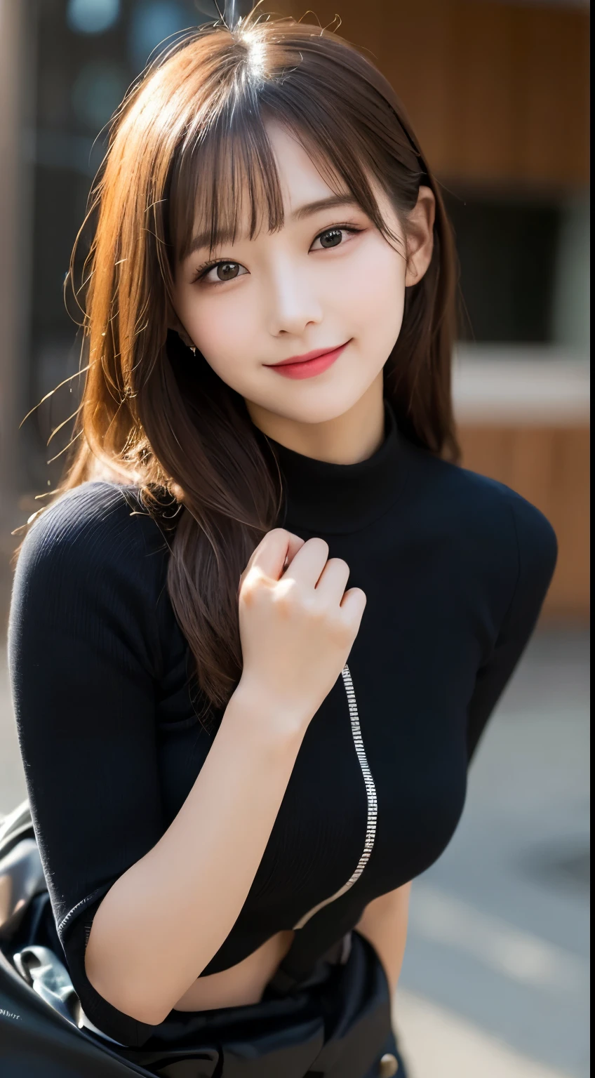 Tabletop, highest quality, shape, Very detailed, finely, High resolution, 8k wallpaper, 完璧なダイナミックな構shape, Beautiful and detailed,ランダムなcute髪,,Natural color lip, Bold sexy pose,smile、20-year-old girl、cute、Looking at the camera,Always blur the background,Perfect and beautiful face,Slim face and figure,Big eyes、Putting on gal makeup,Small face、smile,Blurred Background,Elegant feminine face、smile、sunset、Change pose randomly、Randomly change the shooting angle and position、cyber punk、Wearing a combat suit