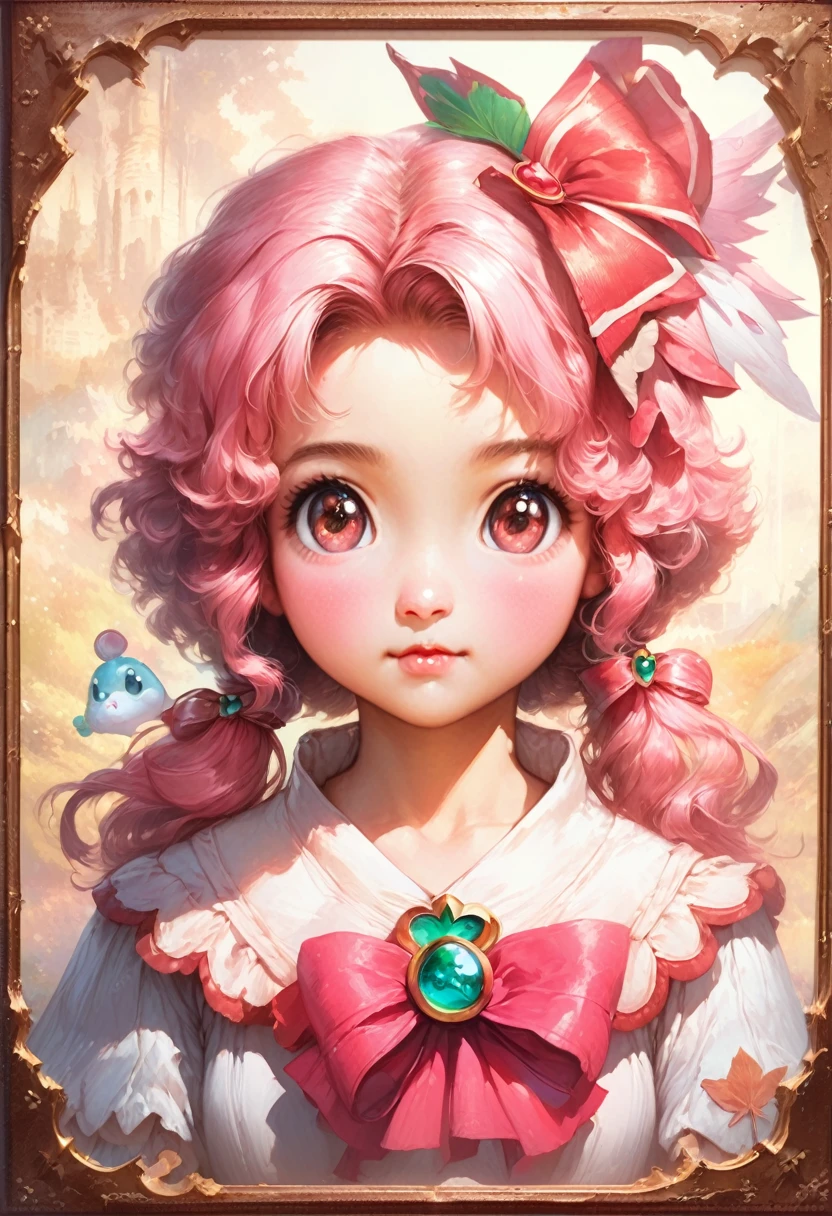 Anime girl with pink hair and a bow in her hair, Kawaii realistic portrait, Gouvez, portrait of a magical girl, cute character, cute art style, anime Mo artstyle, Drawing of the character from “The Maple Story”, cute portrait, cute anime girl portrait, portrait of a small character, artwork in the style of Gouvez, Splash art anime