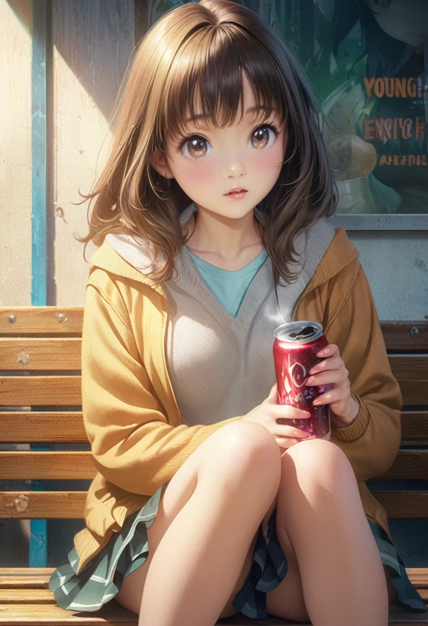 Anime girl sitting on a bench with a cup of coffee, cute Anime girl, anime style illustration, Girl with soda, beautiful anime schoolgirl, hyper realistic , Anime girl, young Anime girl, beautiful Anime girl, Anime girl drinks energy drink, anime style 4k, Digital anime illustration, retro Anime girl, anime image of a cute girl