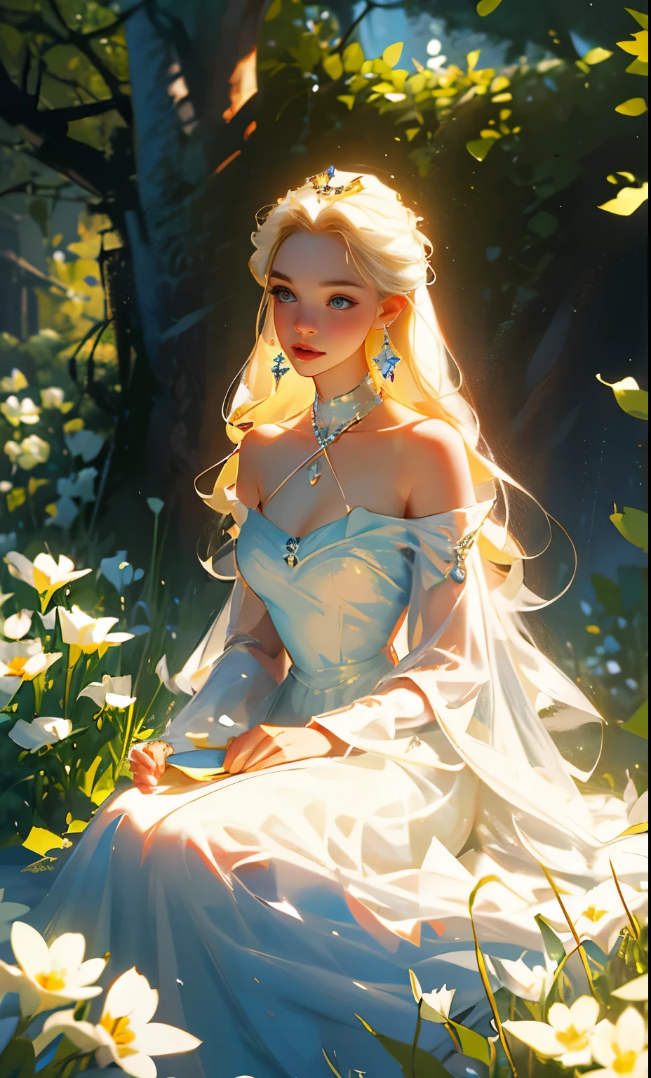 fantasy, Holy Virgin, Goddess, day, gardens, girl, sweet face, with long pale blonde hair, in a light open white dress with diamonds on the fabric, open shoulders, expressive breasts, gorgeous, face looks like Natalie Portman, HD
