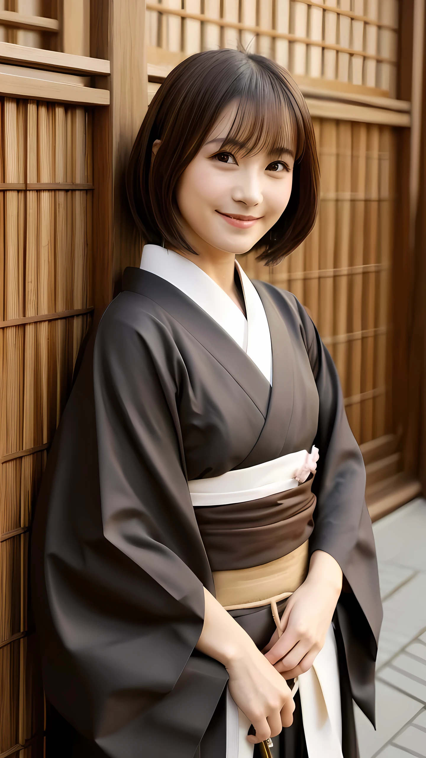 1girl, solo, japanese clothes, short hair, weapon, sword, brown eyes, looking at viewer, kimono, brown hair, lips, hand on hip, sheath, smile, katana, black hair, upper body, closed mouth, sheathed, hand up