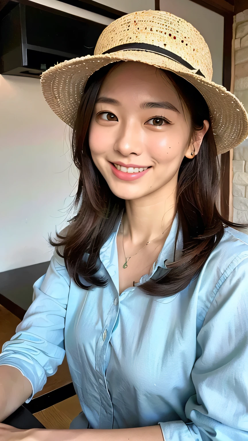 ((highest quality, 8k, 32k, masterpiece, Ultra-high resolution:1.2)),Beautiful Japanese Women Photos, Very small breasts, Boater hat,Loose-fitting clothing, View your viewers,((coffee shop,Looking at smartphone,A smile that conveys intelligence,)),mole,Dimples,