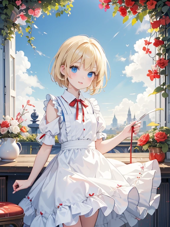 (8k, highest quality, Tabletop:1.2)、Ultra-high resolution、Alice in Wonderland, One -yeld gi Detailed face、blue eyes, Blonde, short hair, Red ribbon on head, Red dress, White apron, blue sky, garden, table cloth, Stand-up party