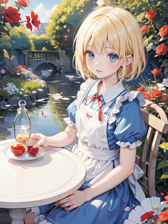 (8k, highest quality, Tabletop:1.2)、Ultra-high resolution、Alice in Wonderland, One ****************, Detailed face、blue eyes, Blonde, short hair, Red ribbon on head, Red dress, White apron, blue sky, garden, table cloth, Stand-up party