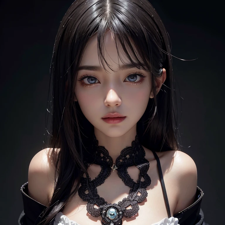 (surreal), (figure), (Improved resolution), (8k), (very detailed), (Best figure), (beautiful and detailed eyes), (highest quality), (super detailed), (masterpiece ), ( wallpaper), (detailed face), alone, 1 girl, looking at the viewer, small details, detailed face, in the dark, deep shadow, discreet key, Pure erotic face ace_v1, smile, long hair, black shawl straight hair , 46 point diagonal bangs