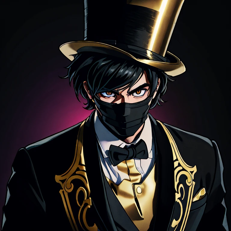 (realistic:1.37, best quality, highres, masterpiece:1.2), ultra-detailed, a guy with black mask and white eyes, a golden top hat, a black emo shirt, against a black background, vivid colors, studio lighting.