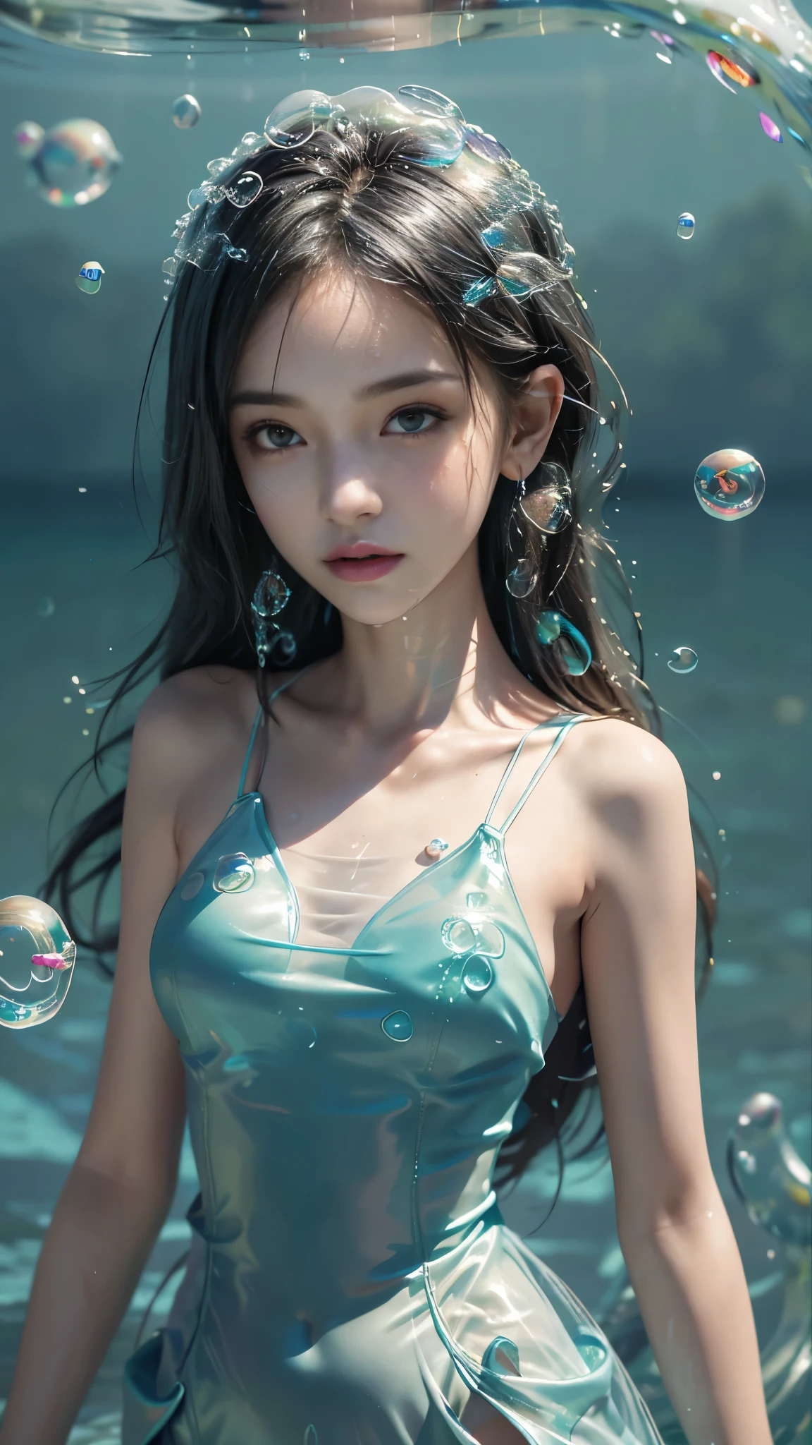 8K, ultra hd, masterpiece, 1 girl, 18 years old, slim body, ribs, bones, happy face, long hair, detailed eyes, detailed lips, small breasts, (bubble dress:1.5), mini skirt, (green bra), (bare waist), realistic shadow, sea, morning, ((bubble:1.5)), (water bubbles:1.5), water, beautiful, rain, realistic water, water reflection, RTX 4090, ray tracing, bloom, bokeh, floating on the water,
