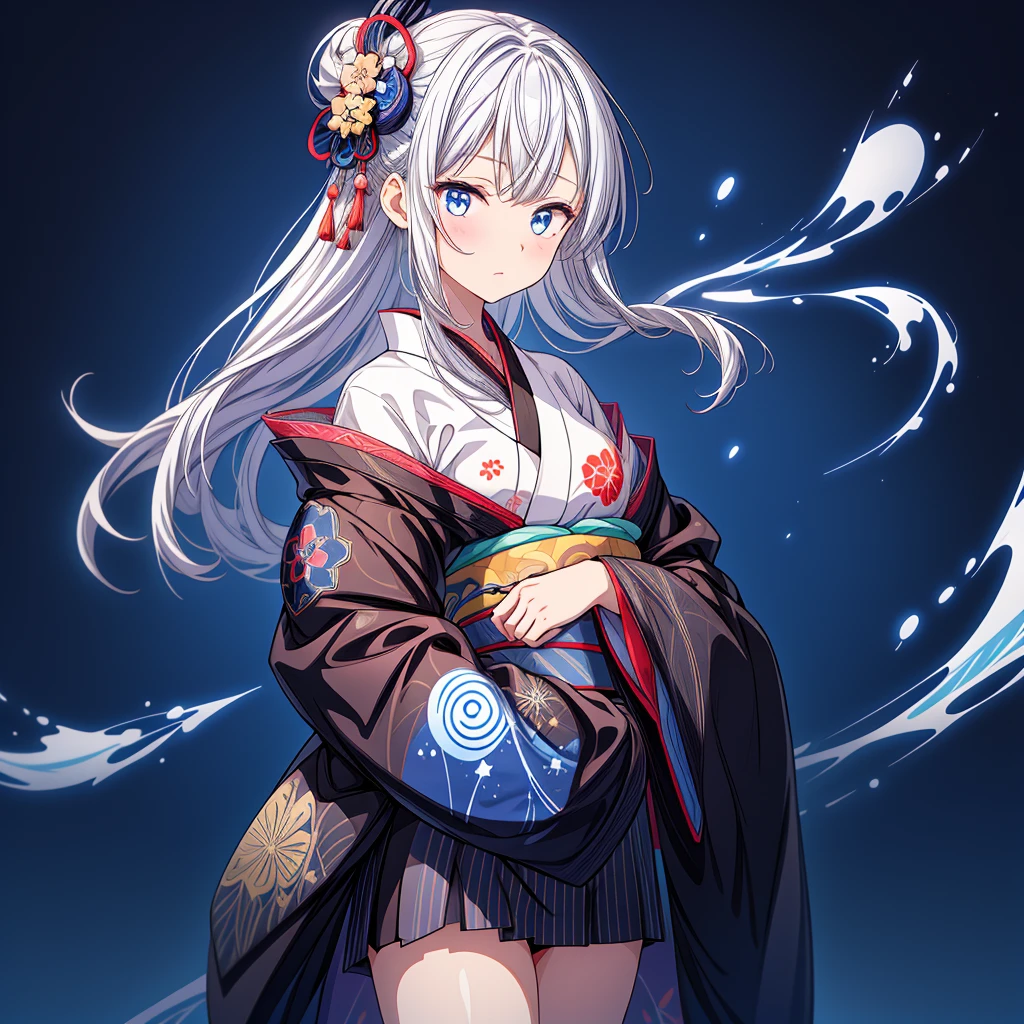 A girl in a kimono stands holding a jet black Japanese sword with a glittering tsuba、White medium hair、blue eyes、A kimono with a galaxy pattern on a blue background、White splashes on a black background、super high quality、Ultra-fine detail、Ultra-fine kimono patterns,family crest、Facing the viewer、