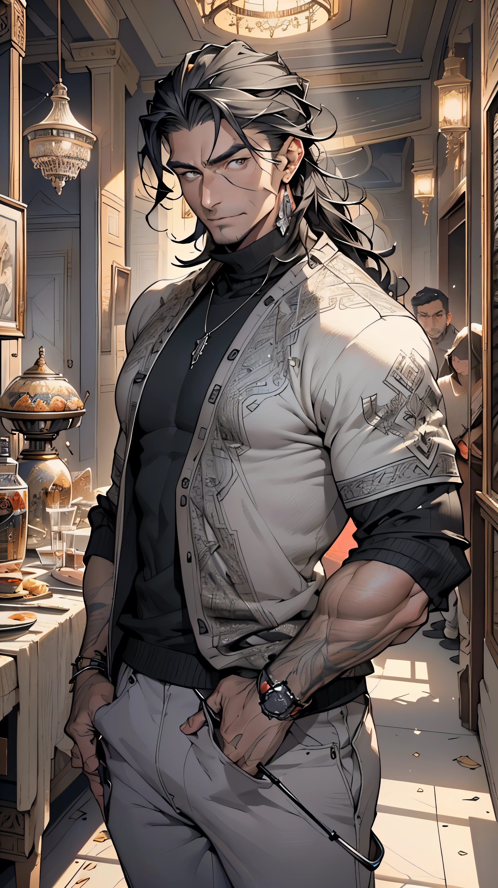 (male:1.5), muscle, 1boy, big muscle, pectoral, big pectoral, muscular, Mature man,45 year old man,adult,1 man, old macho man,perfect body,an extremely delicate and beautiful detailed face, ((black_eyes:1.3))),intricate eyes,beautiful detailed eyes,symmetrical eyes,modern very long hair,(((black very long hair))), large hair,perfect face, nice hair style,perfect proportions,manly, very manly man((detailed face)),
smile,expressive eyes,
(ultra-detailed:1.3), beautiful detailed glow, finely detailed,ultra-detailed,
((((man with crutches,cripple,elegant,elegant crutches,arabian crutches,crippled,lame,invalid man,walk with crutches,walk with cane,arabic stick)))),
(sweater, arabian fashion,arabian gray sweater,gray sweater, jeans,white shirt, masculine features, modern style,arabian clothes),(((arabian sweater, arabian gray sweater outfit, wearing a arabian gray sweater:1.3,arabian arabian gray sweater))),(arabian jewelry,intricate necklace),((bulge in pants)),(((intricate outfit,intricate clothes,ornate outfit))),
(dynamic pose:1.0),embarrassed,(centered,scale to fit dimensions,Rule of thirds,cowboy shot),
inside,indoor,((room in a palace in Arabia)),scenery:1.25,((intricate scenery)),((winter decorations)),Christmas tree,
(Glossy winter ornaments),highres,sharp focus,(ultra detailed,extremely detailed),(photorealistic artwork:1.37),(extremely detailed CG unity 8k wallpaper),(((vibrant colors,vibrant theme))),(intricate),(masterpiece),(best quality),