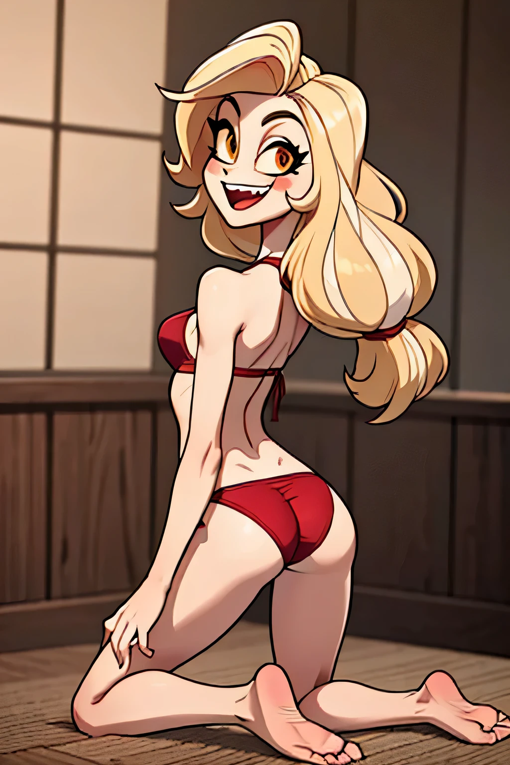 (masterpiece, best quality:1.2), Slim body, toned physique, medium buttocks,view from the back,cowboy shot, solo, 1girl slim body, tall, charlie morningstar, \:d, Standing on all fours, does not look at the viewer, rear view, bare feet, long hair, red bra, mature women, fang tooth, blonde hair
