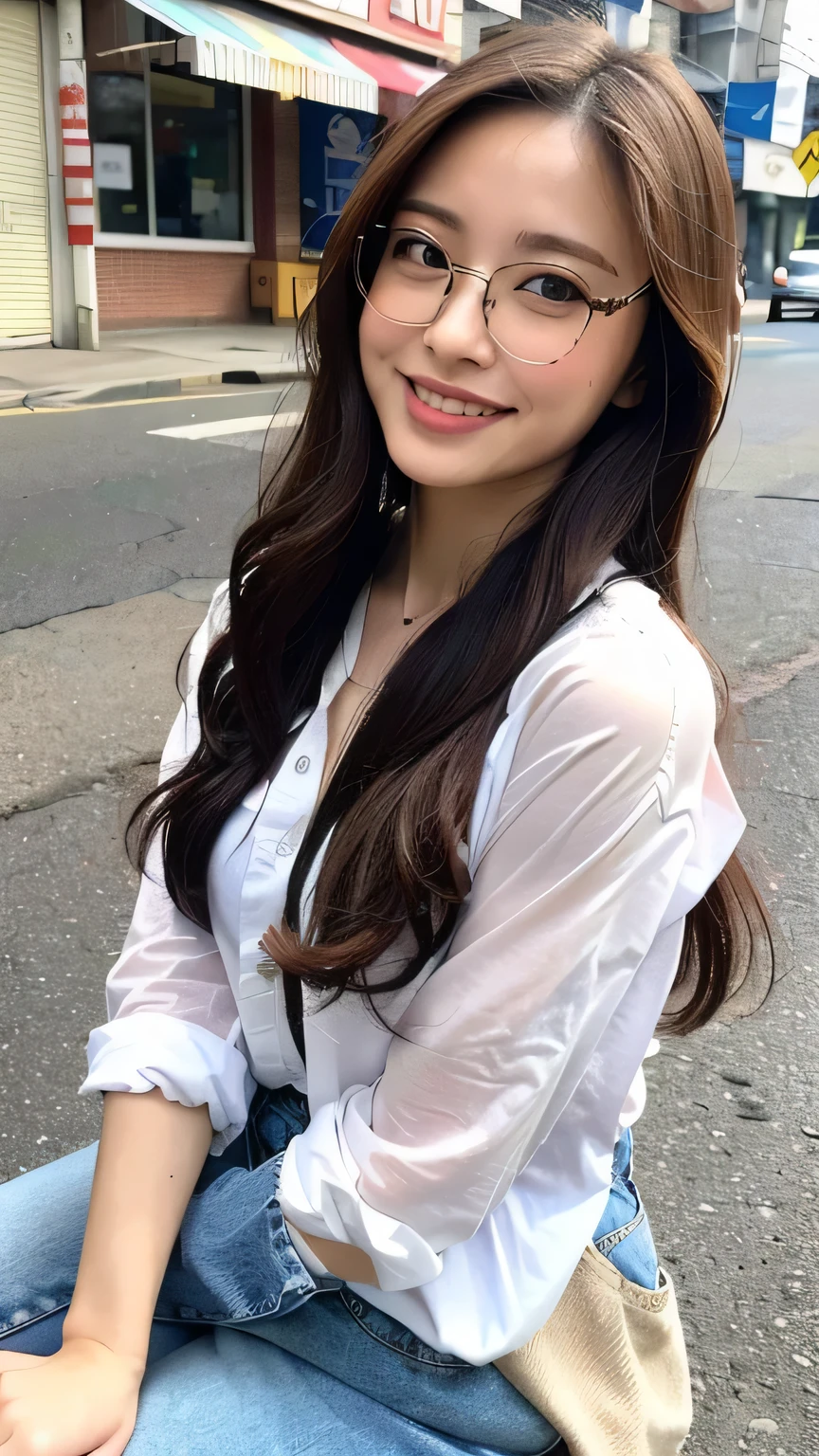 ((highest quality, 8k, 32k, masterpiece, Ultra-high resolution:1.2)),Beautiful Japanese Women Photos, Very small breasts, Straw hat,Glasses,Loose-fitting clothing, View your viewers,((Street Corner,Looking at smartphone,A smile that conveys intelligence,)),mole,Dimples,