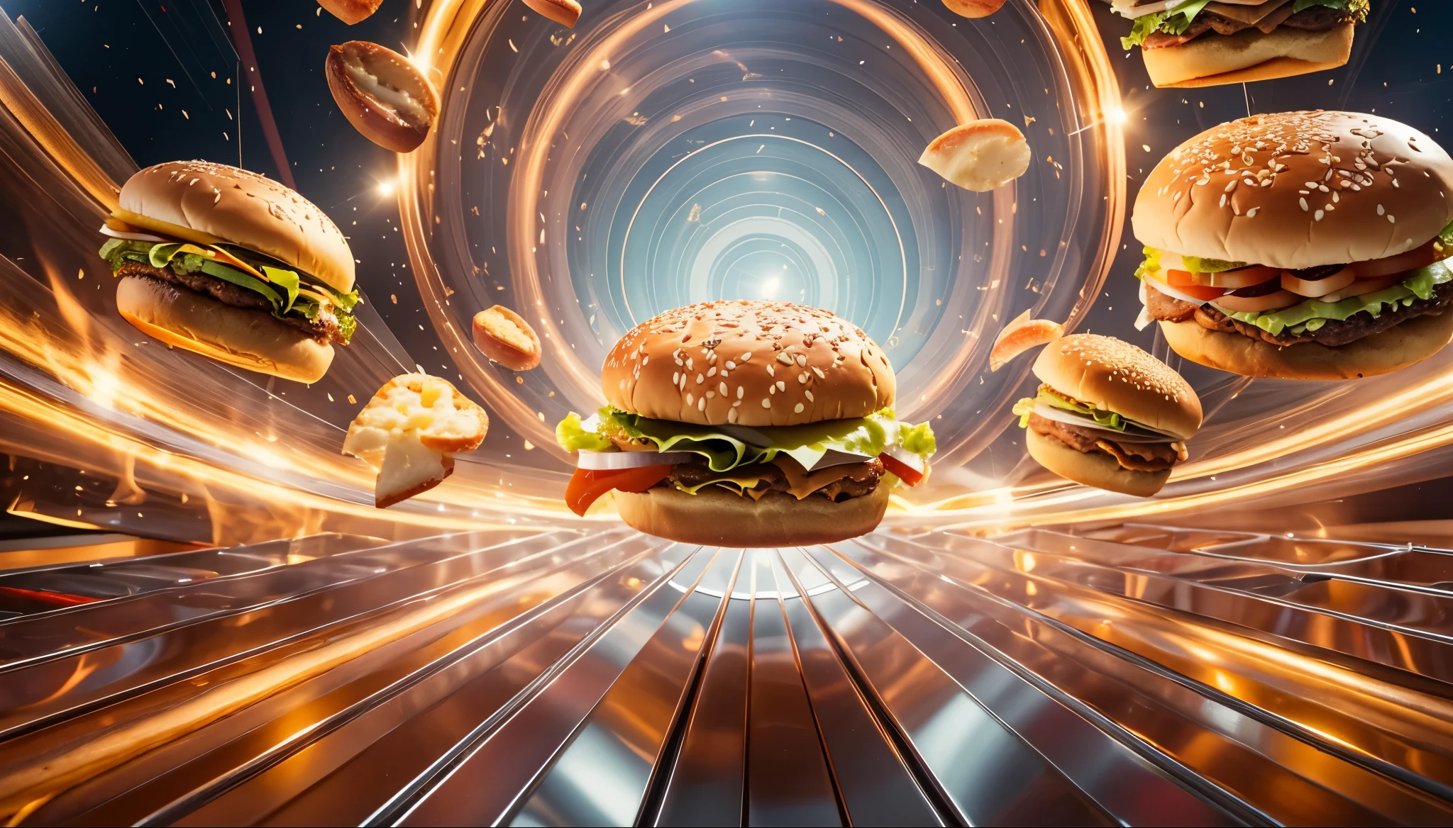 Several delicious looking hamburgers fly through the air.。ultra detailed, high quality, masterpiece