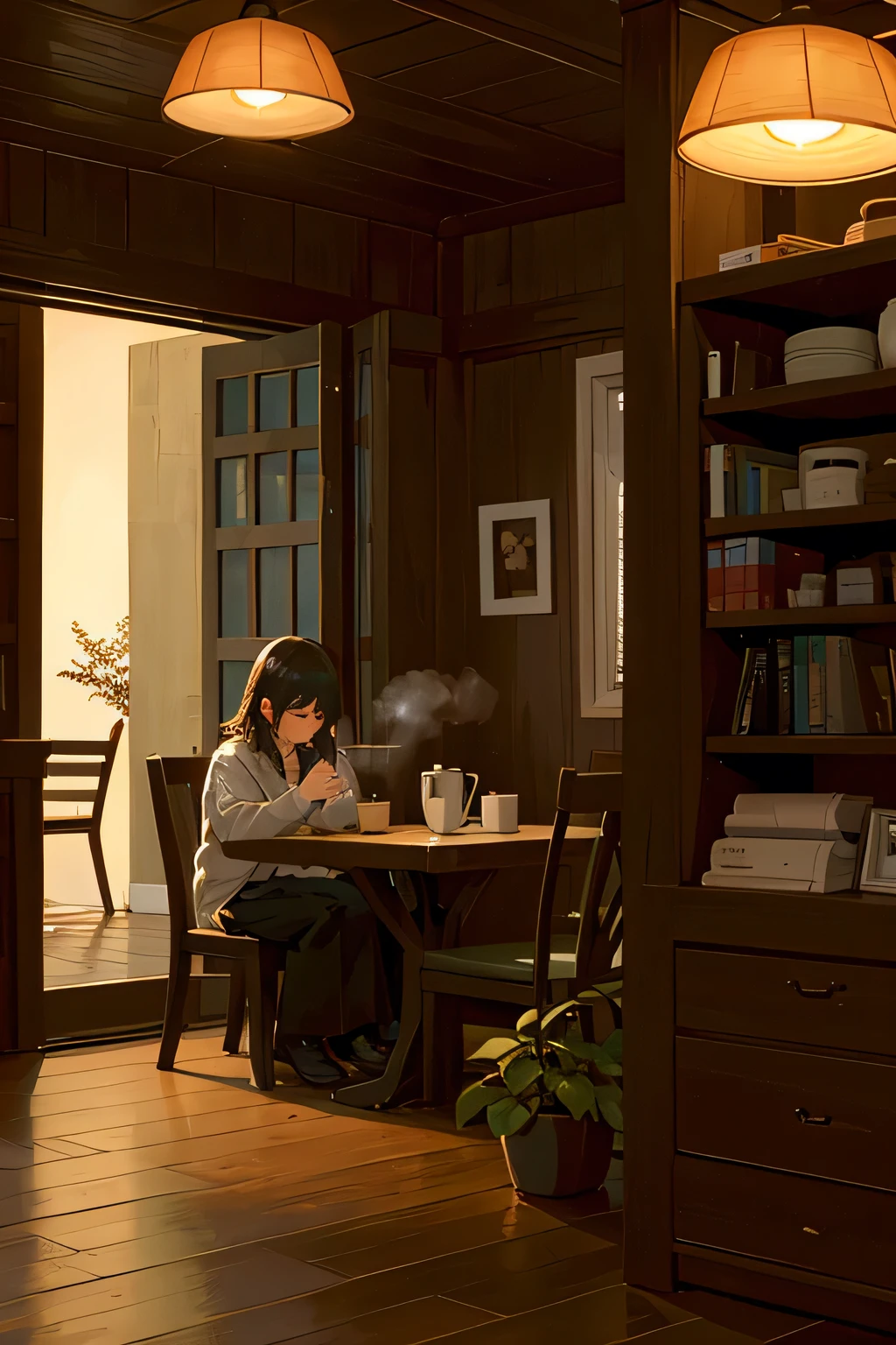 In the stillness of the dark night, a cozy coffee shop assumes an air of tranquility. The sun, now long gone, has been replaced by the soft glow of an overhead lamp that casts a warm and inviting light over the room. A solitary figure sits by the table, engrossed in the contents of a worn notebook and a steaming cup of coffee. The aroma of freshly ground beans fills the air, providing a delightful contrast to the calmness of the evening. A sense of solitude and introspection hangs heavy in the air, as the outside world slips away, leaving only the sound of the dripping coffee maker and the occasional clinking of porcelain against