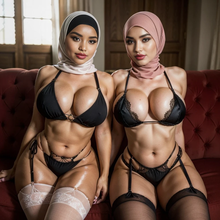 (((MIRA FILZAH and IMAN TAYORE NAKED & NUDE GIRLS))) MalaysianIndonesian women naked and nude unclothed, sexy tits, (topless, nude), plump saggy breasts, ((hijab)) (((uma loira, Uma ruiva,uma Afro americana,Uma morena,uma malay,uma mexicana, uma japonesa,e a outra negra))) (((naked and nude Woman with hijab style, hijab with sexy dress)), (lace stockings), (((Wearing: diamond necklace and earrings))). Cat ears, Soft lighting, groups, Wear shabby clothes, Dirty, Tattered futuristic military uniform, Cat's paw badge, Pose, spot color, rendering by octane, Ultra-realistic intricate details, big breasts, big breasts, big breasts, (beautifull indonesian and her younger sister with gigantic breast, wear detail luxury hijab), (hugging), (boob stack), (holding breast), (detail sexy kebaya) ,(strapless bra), (elegant pose), (inside wedding hall), (luxury lamp), (luxury table), (show cleaveage), (show underboobs) , (show sideboobs), (show thigh), (detailed underboobs ornament), (detail hips ornament), expensive detailed necklace, flower vase, detail house background, detail luxury floor, detail flower vase, detail luxury table, detail luxury stair, detail luxury lamp, beautifull face, pretty face, beautifull eyes, beautifull nose, sexy lips, polished nails, raytracing, nsfw, beautifull fingers, beautifull hands, sexy belly, sexy body, sexy shoulders, sexy legs, sexy hips, (luxury bracelet), (luxury ring), (luxury necklace), black nails , blue eye, (nipples), nsfw, (4 fingers in 1 hand), white skin, full body picture, pretty makeup, blush, body tattoo, masterpiece, best quality:1.2),,(8k,highres,RAW photo,realistic,photo-realistic:1.3),(detailed skin texture,detailed cloth texture,beautiful detailed face:1.25),professional lighting,photon mapping,beautiful soft light,radiosity,physically-based rendering,raytracing, model shoot style, model shoot style, (extremely detailed CG unity 8k wallpaper), full shot body photo of the most beautiful artwork in the world,