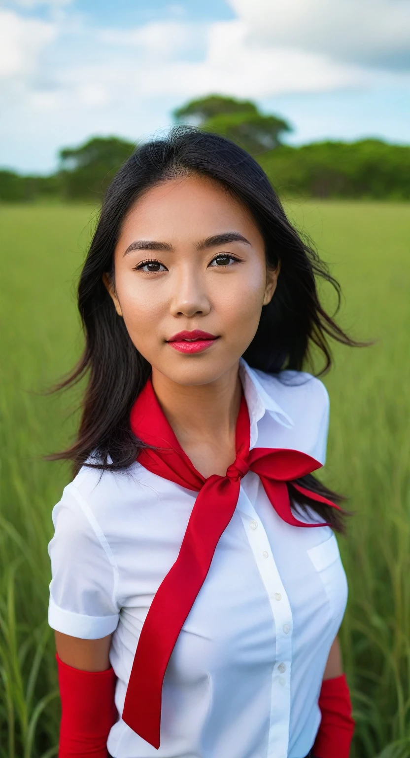 a woman in a red tie stands in a field, soft 8k portrait shot, young asian, Shot on Canon EOS R5, shot on canon eos r 5, снято на Canon EOS 5 D Mark IV, 8k portrait shot, Shot on Canon 5D MK4, Shot on Sony Alpha 9, portrait of a Cuban teenager