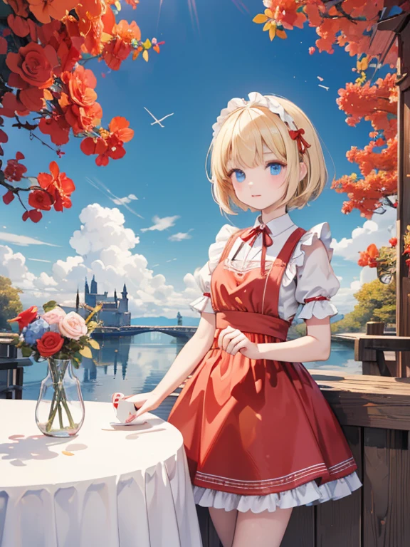 (8k, highest quality, Tabletop:1.2)、Ultra-high resolution、Alice in Wonderland, One ****************, Detailed face、blue eyes, Blonde, short hair, Red ribbon on head, Red dress, White apron, blue sky, garden, Red Rose, table cloth, Stand-up party