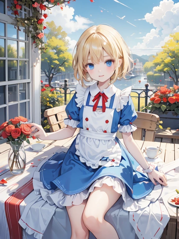 (8k, highest quality, Tabletop:1.2)、Ultra-high resolution、Alice in Wonderland, One ****************, Detailed face、blue eyes, Blonde, short hair, Red ribbon on head, Red dress, White apron, blue sky, garden, Red Rose, table cloth, Stand-up party