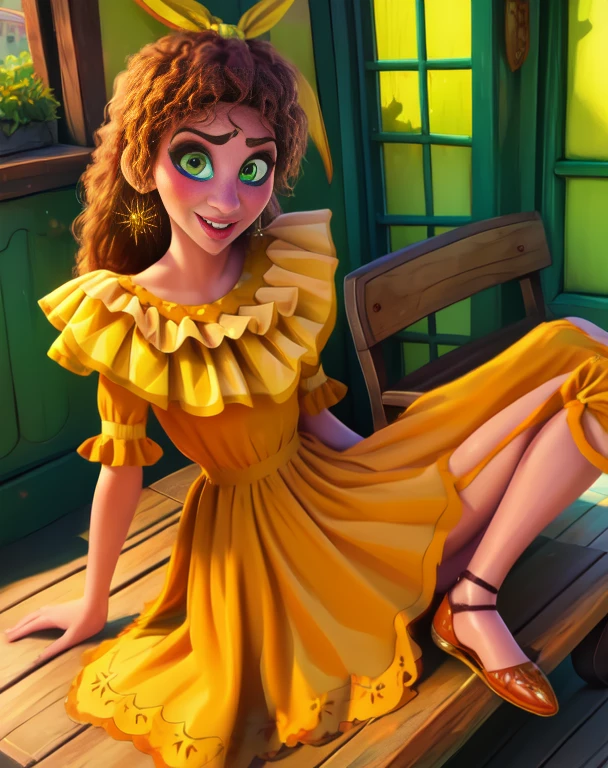 paper,green eyes,Brown hair,hair,
yellow dress,earrings,bow,
Sitting, full body,
village,Sun Ray,happy, orange heels,
(insanely detailed, beautiful detailed face, masterpiece, Best quality), sexy, small breasts, skinny, on a bench